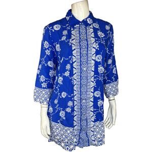 Passport Susan Graver Blue Cobalt Floral Tunic Shirt Dress Small Rayon